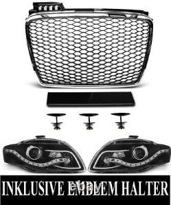 For Audi A4 B7 04-08 RS4 Look Honeycomb Grill+LED Headlights Bumper Diffuser