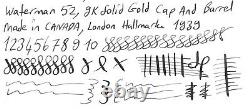Gorgeous Waterman 52, 9k Solid Gold, In Box, Semi Flex, 14k M Nib, Canada, 1939