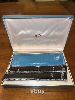 New VTG Cross Sterling Silver Pen & Mechanical Pencil Box Set With Rose Pouch Blue