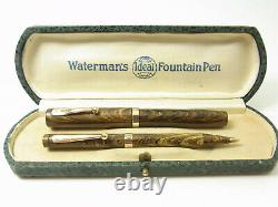 Nice WATERMAN 52 V Olive Ripple fountain pen 14ct M nib & matching pencil & box