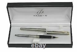Parker 180 Fountain Pen Stainless & Gold Med Pt & Vintage Converter New In Box