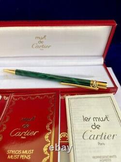 Rare Cartier Ballpoint Pen Malachite Gold Finish Box Certificate New Old Stock