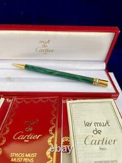 Rare Cartier Ballpoint Pen Malachite Gold Finish Box Certificate New Old Stock