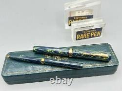 Vintage WATERMAN 52V BLUE RIPPLE Fountain Pen & Pencil set 14K #2 Nib MINTY BOX