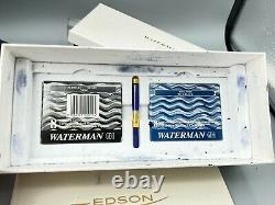 WATERMAN EDSON Fountain Pen SAPPHIRE BLUE 18K Fine nib NOS NEW COMPLETE Boxed