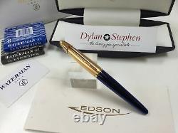 Waterman Edson Sapphire blue fountain pen 18K B = broad gold nib + boxes