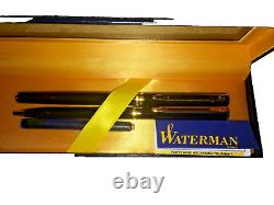 Waterman Set Black Lacquer & Gold Fountain Pen Med Pt & Ballpoint Pen New In Box