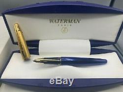 Edson Waterman Fountain Pen Saphir Bleu 18k Med Nib Presque Neuf Boîtes Complètes