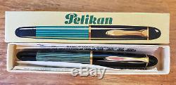 Pelikan 140 Fountain Pen Rayé Vert Oblique Om 14k Nib Et Boîte / Documents Originaux