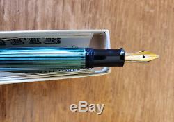 Pelikan 140 Fountain Pen Rayé Vert Oblique Om 14k Nib Et Boîte / Documents Originaux
