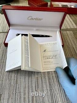 Stylo Cartier Diabolo Mini en résine noire, palladium, boîte, certificat, cabochon bleu, neuf.