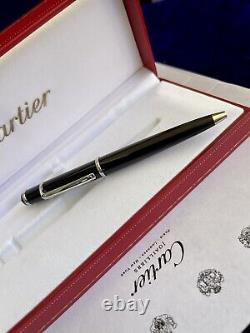 Stylo Cartier Diabolo Mini en résine noire, palladium, boîte, certificat, cabochon bleu, neuf.