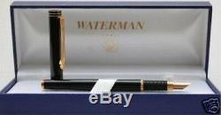 Waterman Exclusive Matte Black & Gold Fountain Pen En Or 18 Carats M Pt Pen Neuf Dans La Boîte